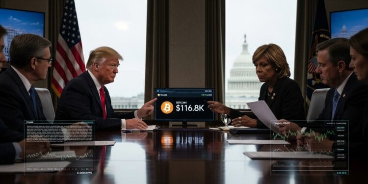 Trump Backs Crypto as Bitcoin Hits $116.8K; Waters Objects